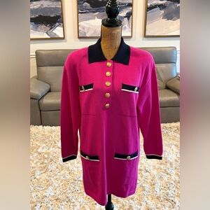 Vintage St. John Pink Black Knit Dress Tunic Gold Tone Button Logo Luxury MEDIUM